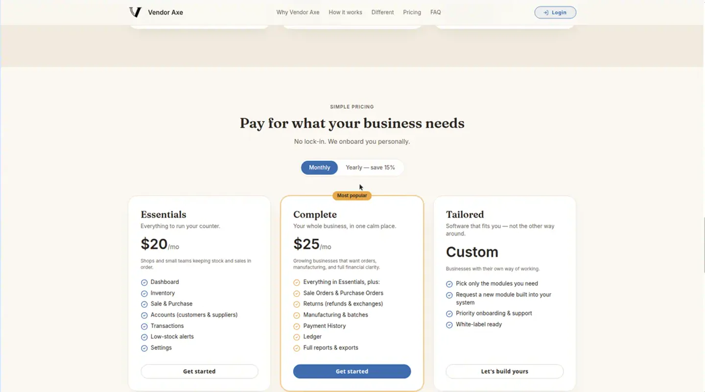 Vendor Axe subscription plans listing ERP modules